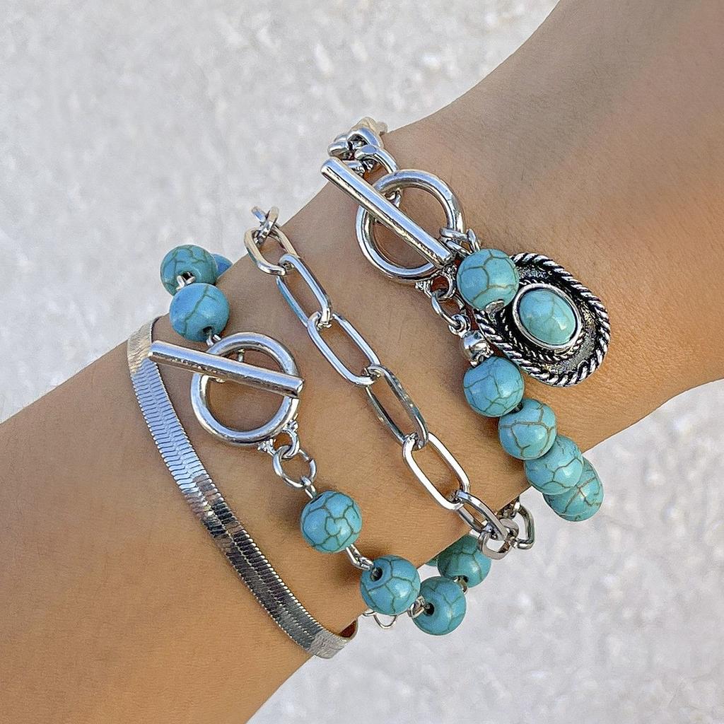 Ethnic Style Retro Imitation Turquoise Cactus Tag Bracelet Set Personalized Multi-Element Beaded Jewelry