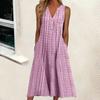 Summer Fashion Print V-neck Plus Size Dress Women Pocket Striped Sleeveless Casual Dresses Women Solid Elegant Loose Dress Lady 24260