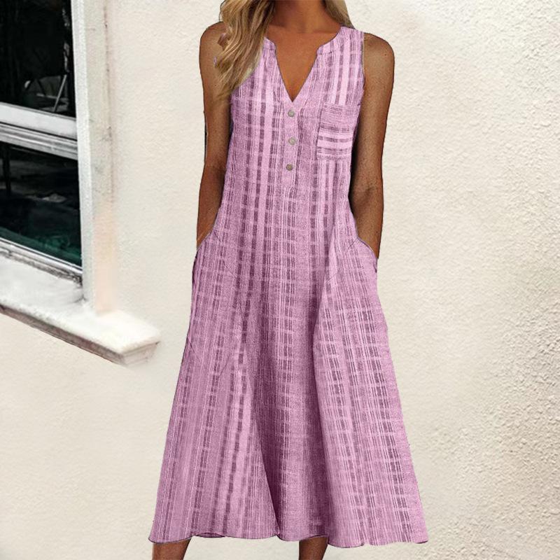 Summer Fashion Print V-neck Plus Size Dress Women Pocket Striped Sleeveless Casual Dresses Women Solid Elegant Loose Dress Lady 24260