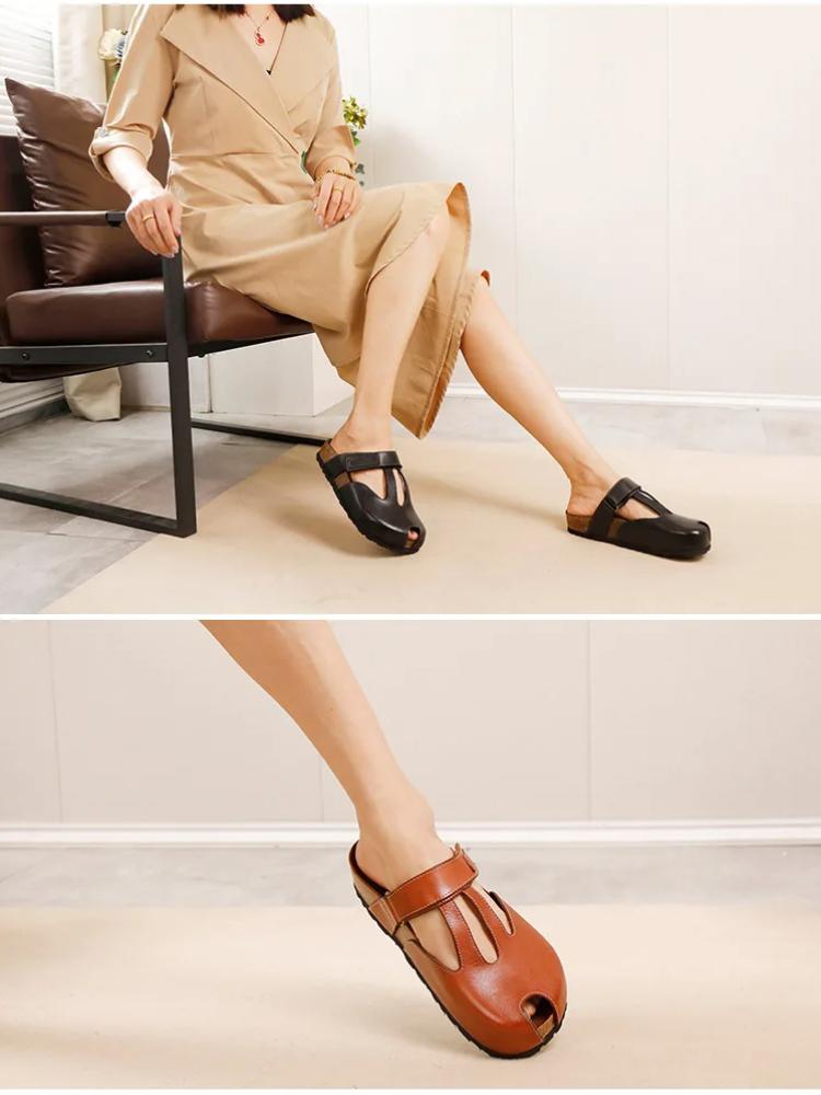 Johnature Versatile Outdoor Slippers Casual Genuine Leather Peep Toe Thick Soled Women's Slip-on Shoes