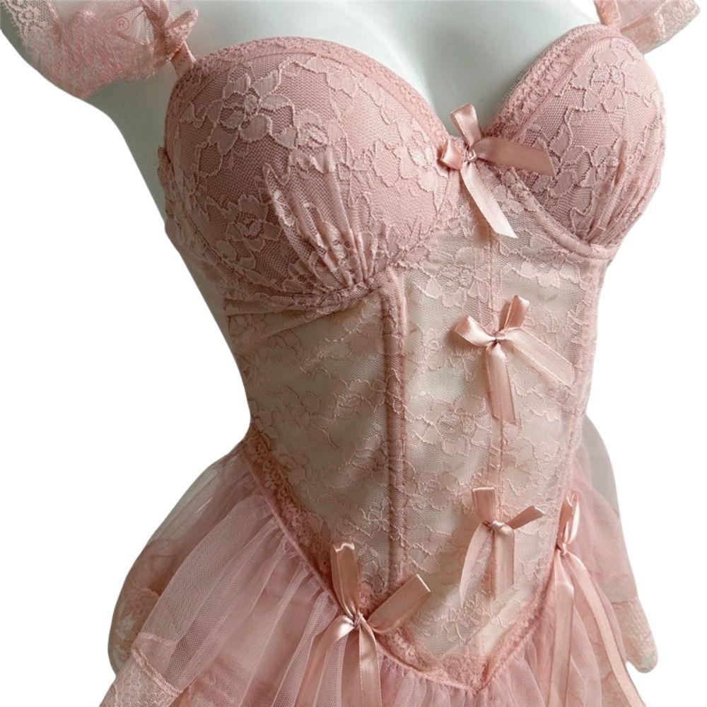Flounce Lace Lingerie Women Bowknot See Through Night Dress Sweet Lace Sling Nightdress Sleep