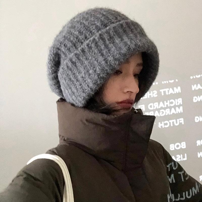 Wool Solid Color Knitted Hat for Women In Autumn and Winter Versatile Big Head Circumference Pile Hat Cold Hat Warm Face Small Wool Hat Men