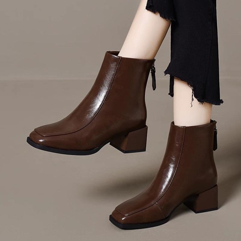 Soft Leather Boots Women's New Autumn and Winter Round Head Thin Boots Square Heel Soft Leather Boots Fashion Boots Women