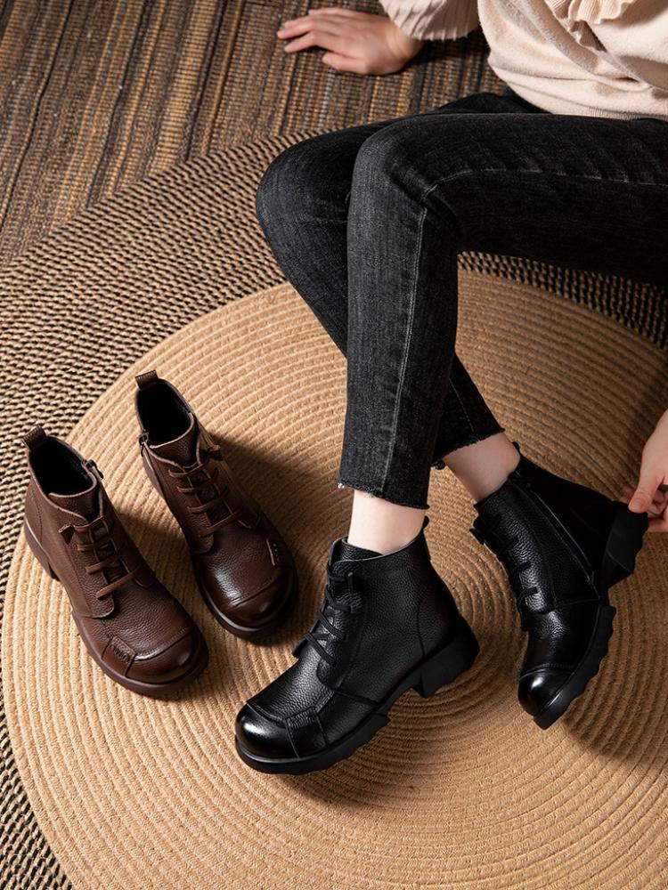 Johnature Genuine Leather Warm Round Toe Soft Soled Short Boots Low Heel Non Slip Casual Women's Shoes