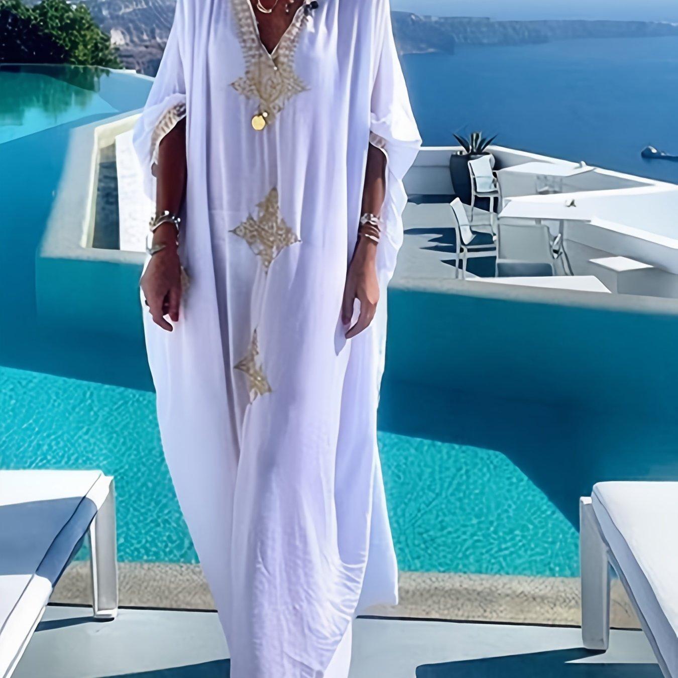 

Новый Элегантный Кафтан с Детальной Вышивкой, V-образным Вырезом, Свободного Кроя, Бохо, Пляжный, Белый, с Рукавами Летучая Мышь, Элегантная Солнцезащитная Пляжная Накидка, Женский Купальник One-size белый