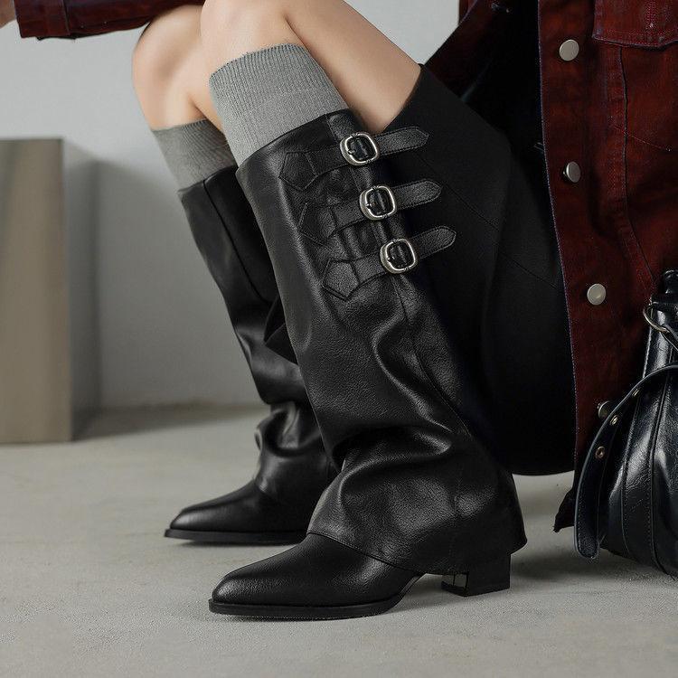 2025 New Western Boots Women's Square Head Retro Belt Buckle Knight Boots Versatile Long Boots Thick Heel Stacked Boots Pants Tube Boots