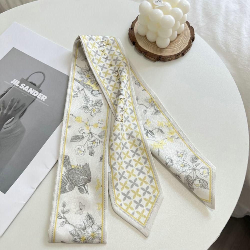 Long Thin Satin Silk Ribbon Scarf Fresh Floral Bag Strap Trendy Hair Tie  for Women