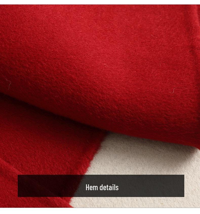 2025 Spring Women's Red Woolen Double-Sided Long Coat with Waist-Defining Design
