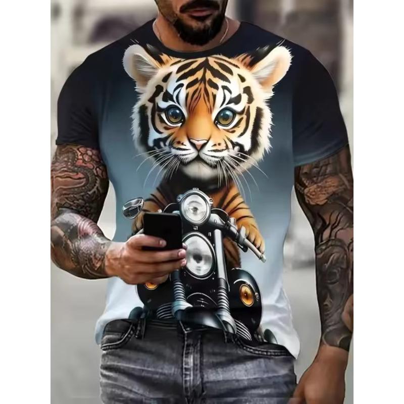 Cool Dog Motorcyclist Tričko s 3D digitálním vzorem pro muže, tričko Street Style Crew Neck Neck, ležérní top s krátkým rukávem, pánské oblečení na letní denní nošení