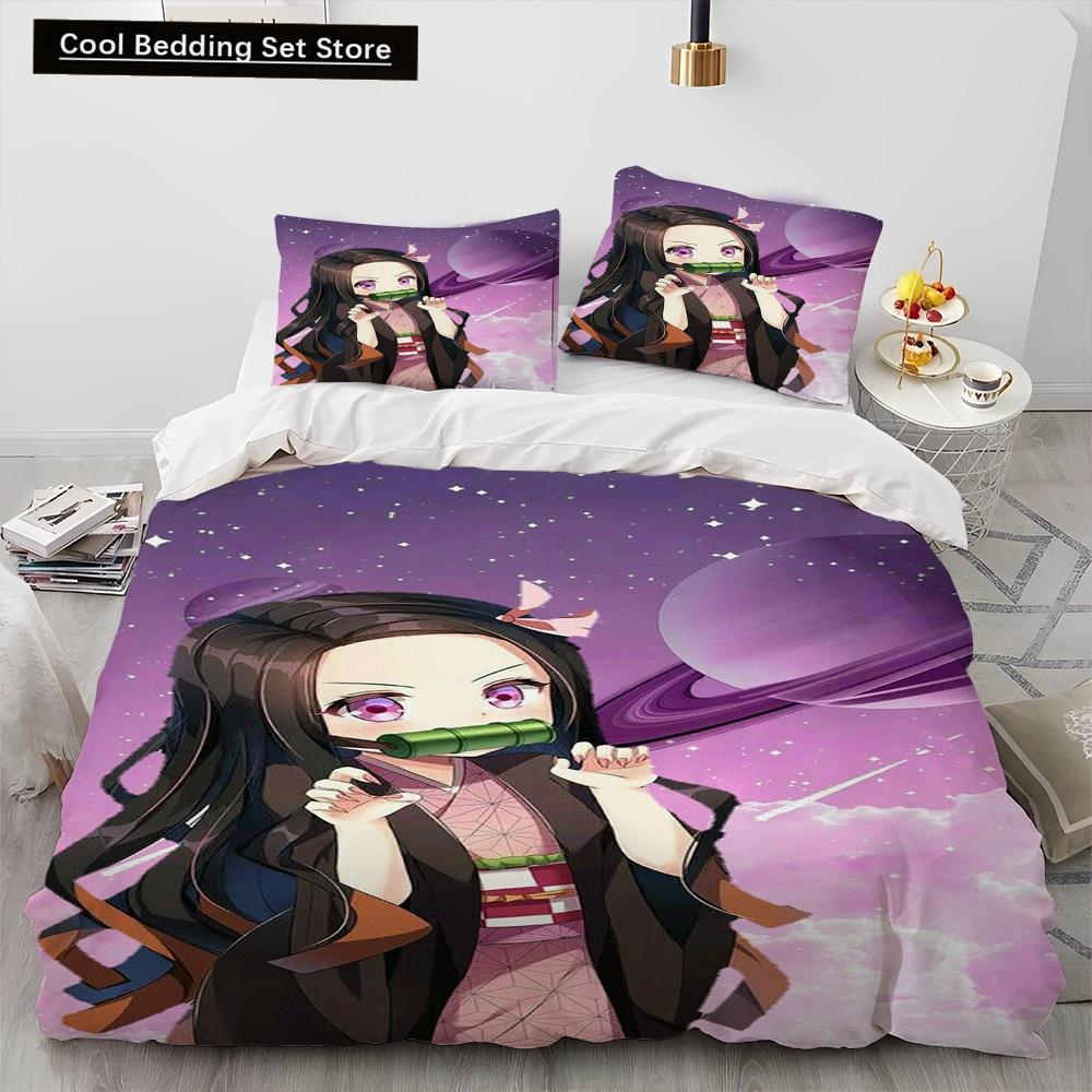 Demon Slayer Bedding Set Kamado Nezuko Duvet Cover Set Bedspread Pillowcase King Queen Full Single Size Bed Linen Kids Teen Gift