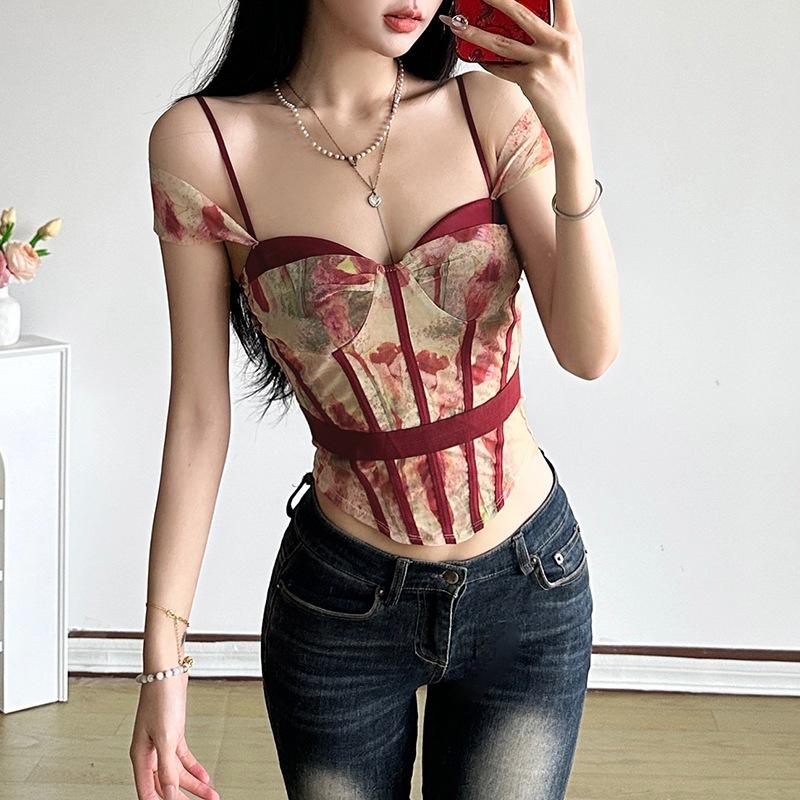 European and American style spring and summer new women's clothing solid color slim street fashion suspender printed halter vest women