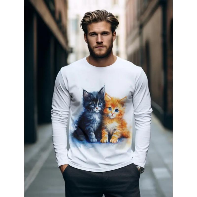 Samurai Cat T-Shirt for Men Funny Animal 3D Graphic Men's Long Sleeve Tee O-Neck Men's Clothing Japanese Anime Style Y2k Tops