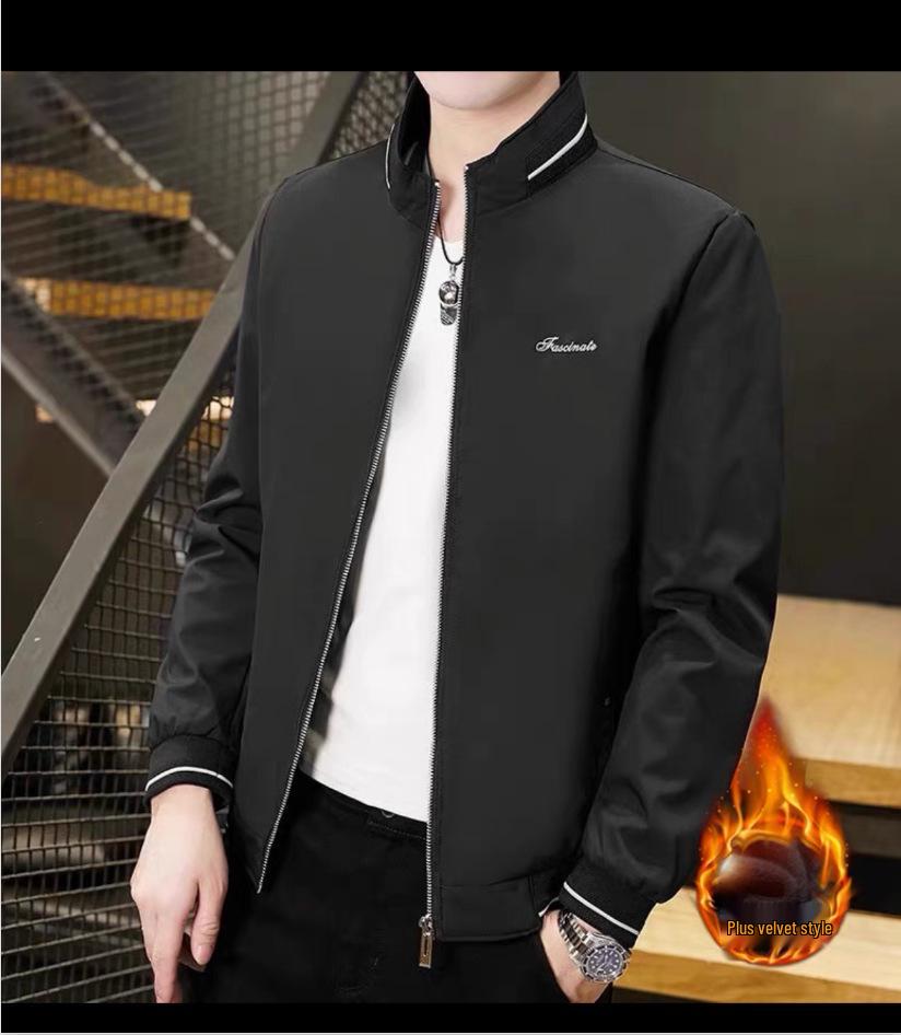 Men's Slim Fit Korean Style Jacket with Fleece Lining, Stand Collar, Versatile Casual Trend.