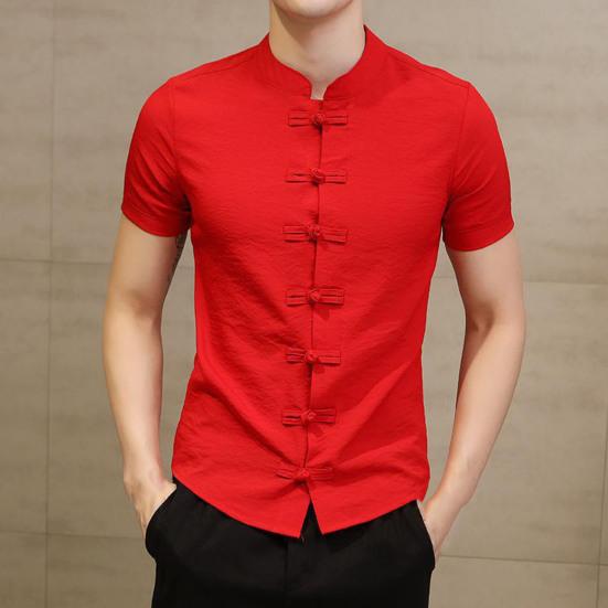 Men Summer Shirt Stand Collar Short Sleeve Solid Color Slim Fit Knot Buttons Daily Wear Chinese Traditional Clothes Vintage Chinese Style Men Top Men