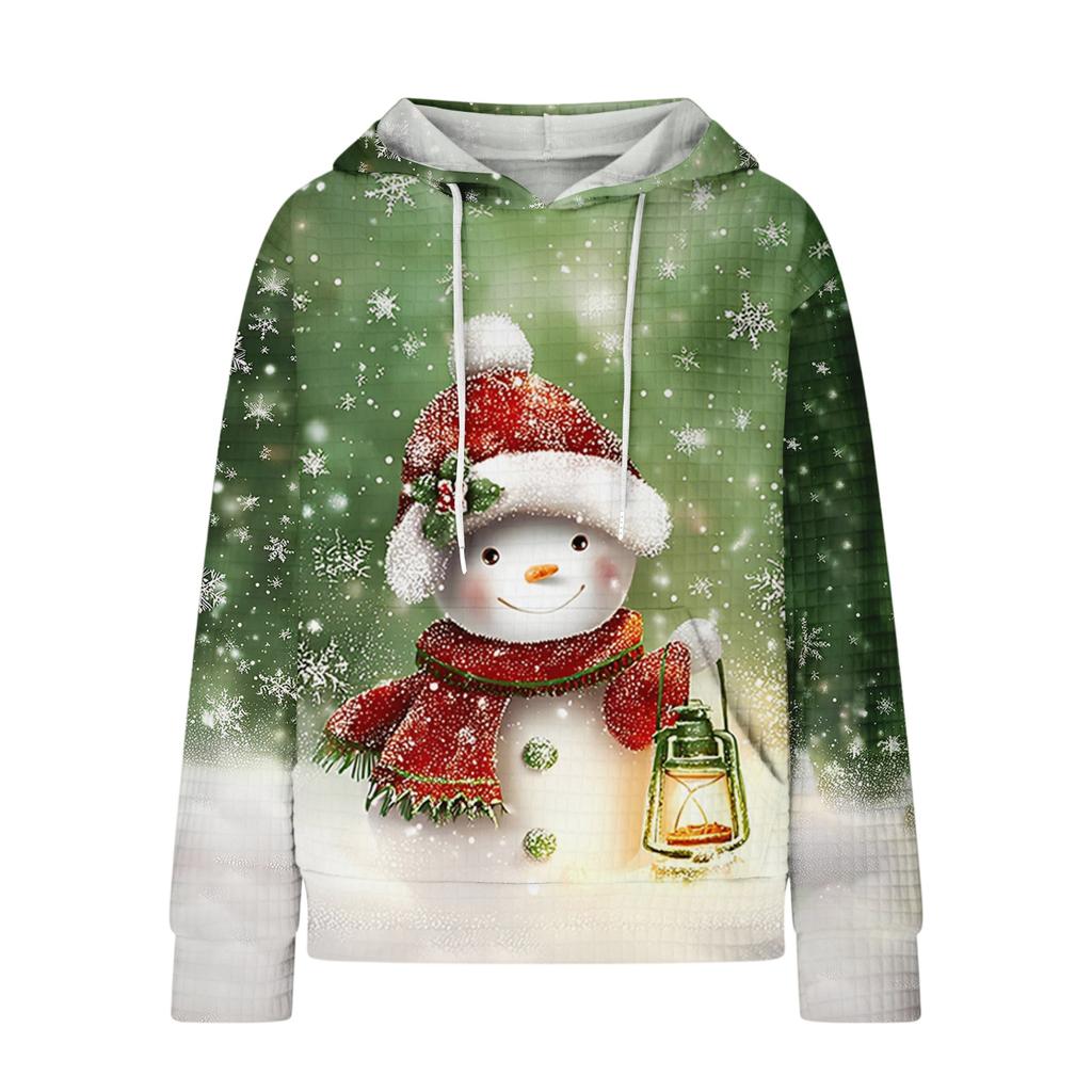 Women's Fashion Loose Hooded Pullover Long Sleeve Plaid Sweatshirt With Drawstring, Drop Shoulder, Pocket, Christmas Print Top