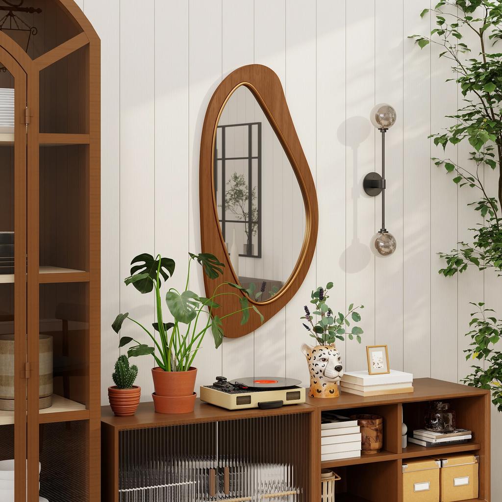 Miroir Mural Miroir Fenêtre avec Cadre en Placage de Pin pour Chambre à Coucher Salon, 91,5 x 45 x 3 cm, Bois Naturel