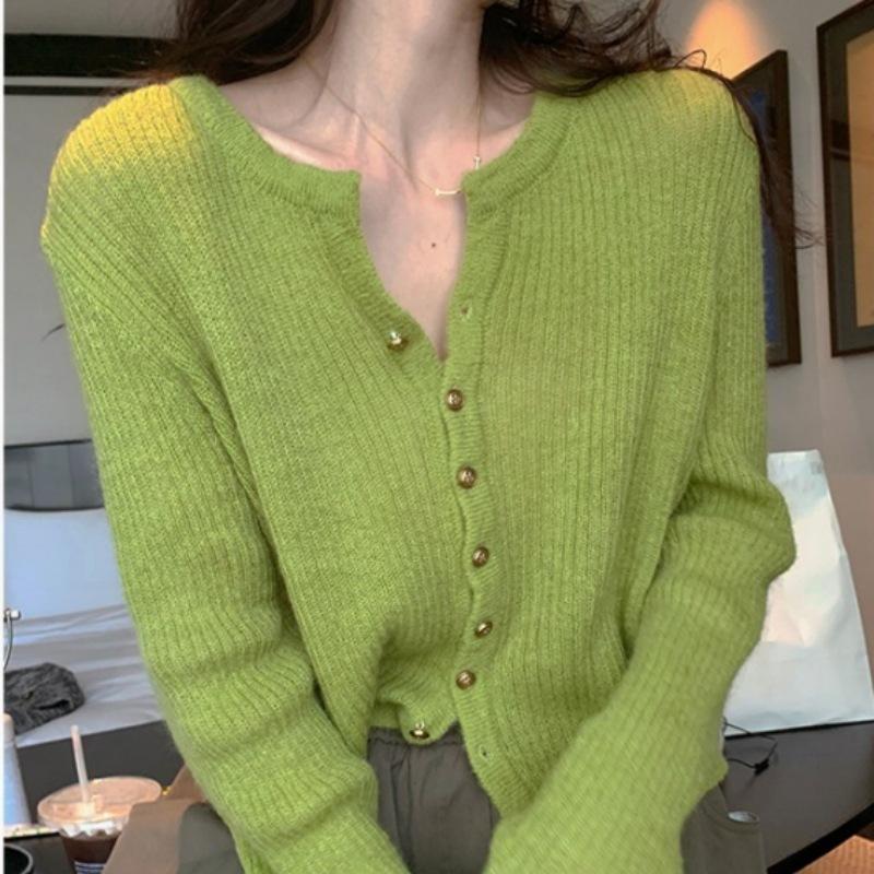 Gentle and lazy wind soft waxy crew neck knitted cardigan top women's autumn and winter new thin bottom sweater