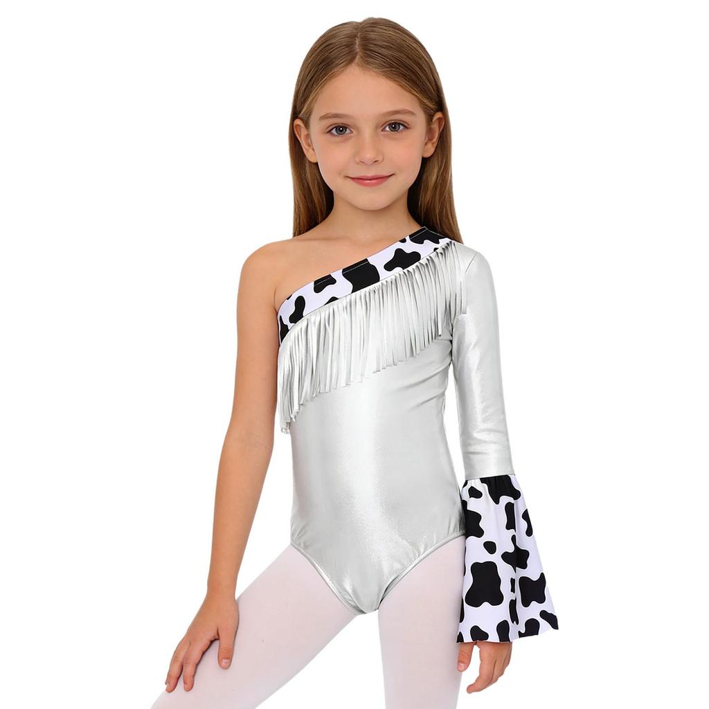 Costume Cowgirl pour Filles Manches Longues Évasées à Gauche Combinaison Métallique Patchwork à Franges Boutons Pression