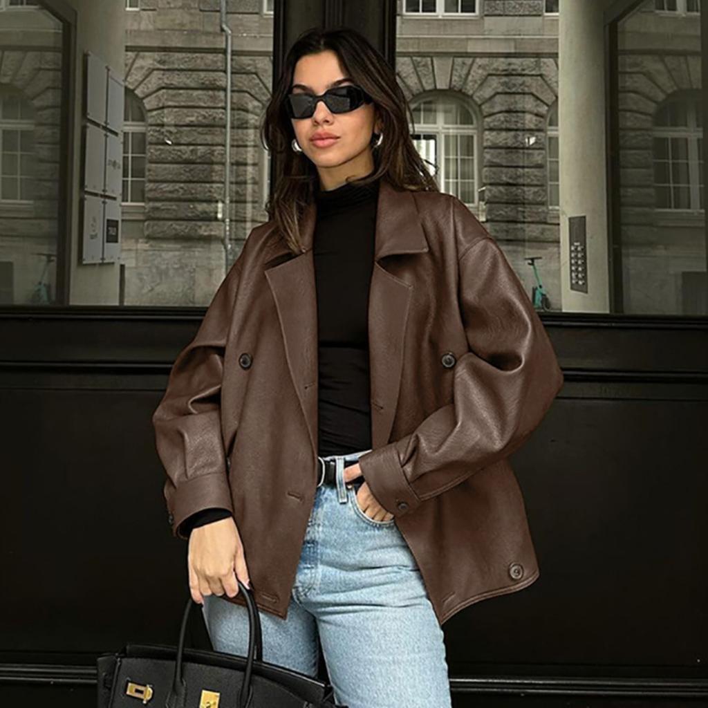 Winter Vintage Brown Leather Coat Women, European American High-end Loose Notched Lapel Mid-length Leather Jacket Outerwear