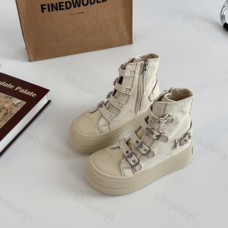 Fashion Retro Fashion Buckle Design Thick Soled Casual Canvas Short Boots for Women 2025 Autumn Comfortable Non Slip Chunky Ankle Boots