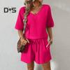 2ks/sada Dámské oblečení pro volný čas Tričko s výstřihem do V, krátkým rukávem, elastický pas se stahovací šňůrkou Široké nohavice, set šortky z jednobarevné vrásčité látky