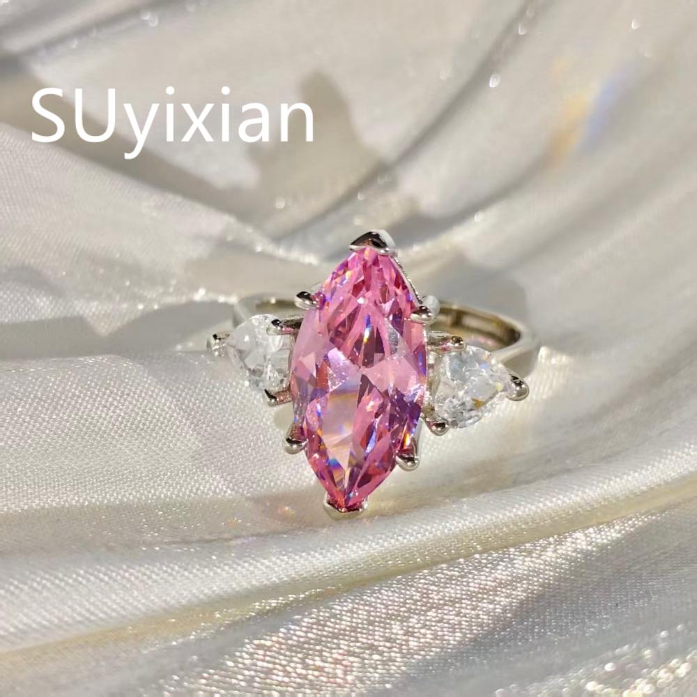 925 Sterling Silver Stylish Elegant Pink Crystal Zircon Teardrop Ring Wedding Party Anniversary Jewelry Gift серебряный