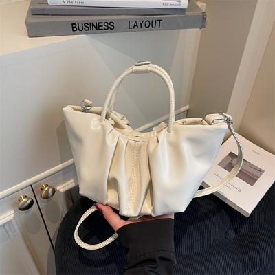 Vintage Pleated Design Women PU Leather Shoulder Bags Solid Color Ladies Small Bucket Tote Simple Female Crossbody Bag Handbag