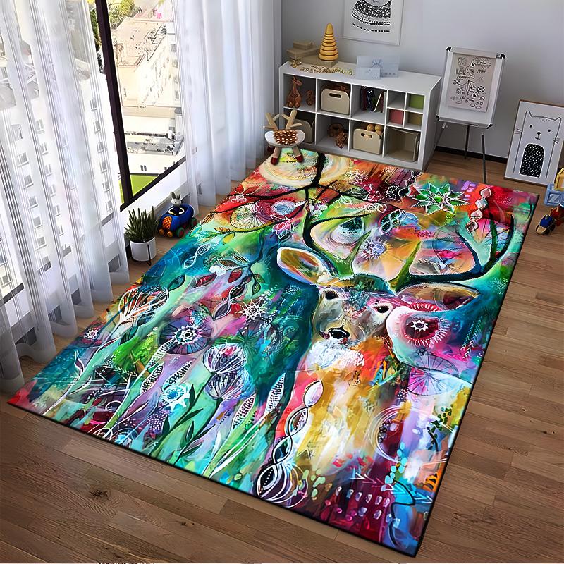 Colorful Deer Abstract Art Pattern Carpet for Home Decoration, 3D Style Suitable for use as an anti-slip for living room bedroom sofas