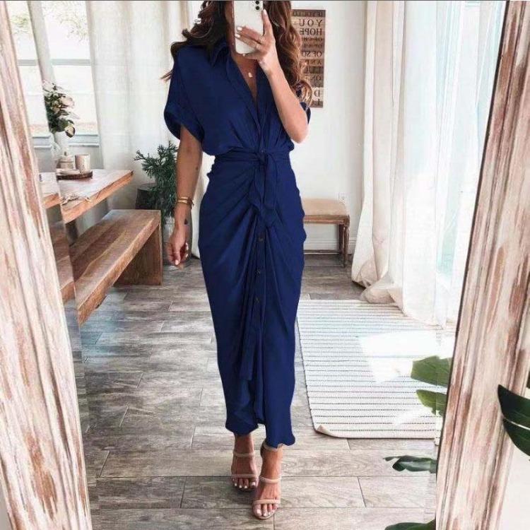 Fashion Women Elegant Turn Down Collar Shirt Dress Summer Short Sleeve with Slit Party Office Ladies Dresses