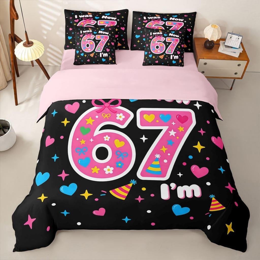 Birthday Duvet Cover with Pillowcases for Kids Boys Girls, Six Seven 2 Pieces Soft Microfiber Bedding Set 67th Bed Room Decor
