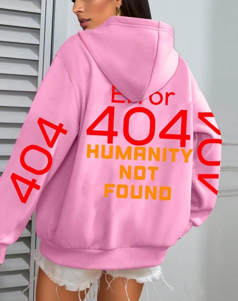Women's Autumn Loose Fleece Hoodie with 'Error 404' Letter Print and Pocket