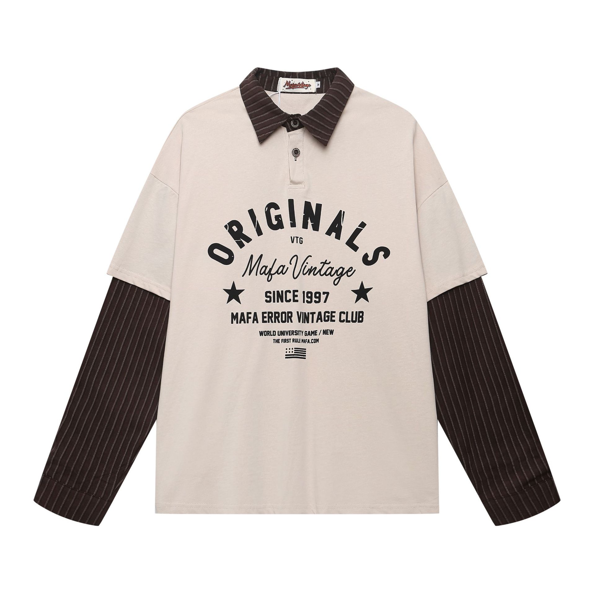 Men s autumn American color matching sweatshirt fake two lapel sweater M бежевый