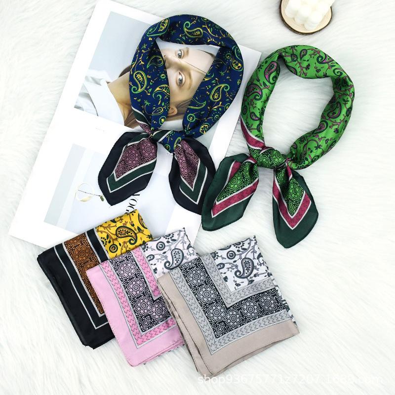 New dark blue retro cashew flower silk scarf 71 imitation silk fashionable and versatile women's square scarf scarf
