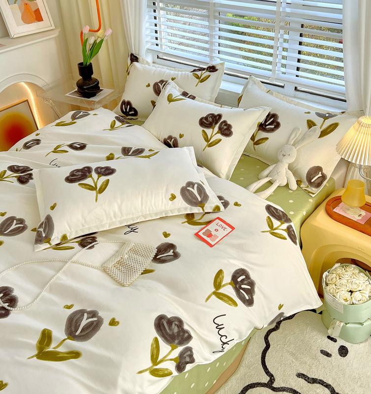 INS Double-sided Availability Pink Blue Cute Cat And Rabbit Bedding Set Duvet Cover Sheets With Pillowcases Full Size Bedroom