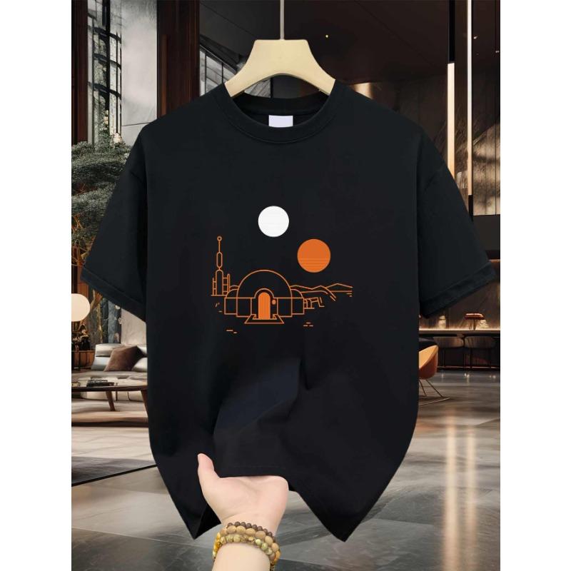 

European sizes Tatooine Sunset Men s Cotton TShirt Twin Suns Desert House Outline Print Pattern Pure Cotton Premium Print Durable Casual Fashion S чёрный