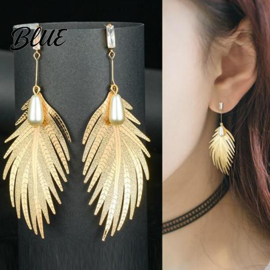 Face Slimming Earrings Fashion Feather Drop Elegant Metal Faux Pearl