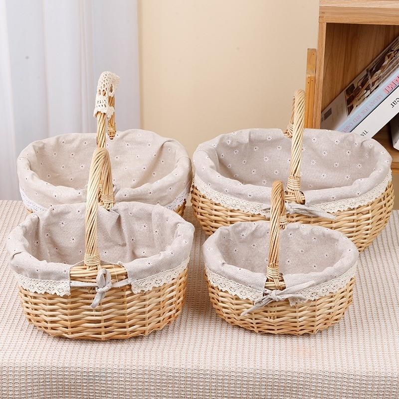 Handmade Wicker Picnic Basket With Handle Picnic Hamper Multi-Purpose Willow Woven Storage Box Outdoor Camping Fruit Basket