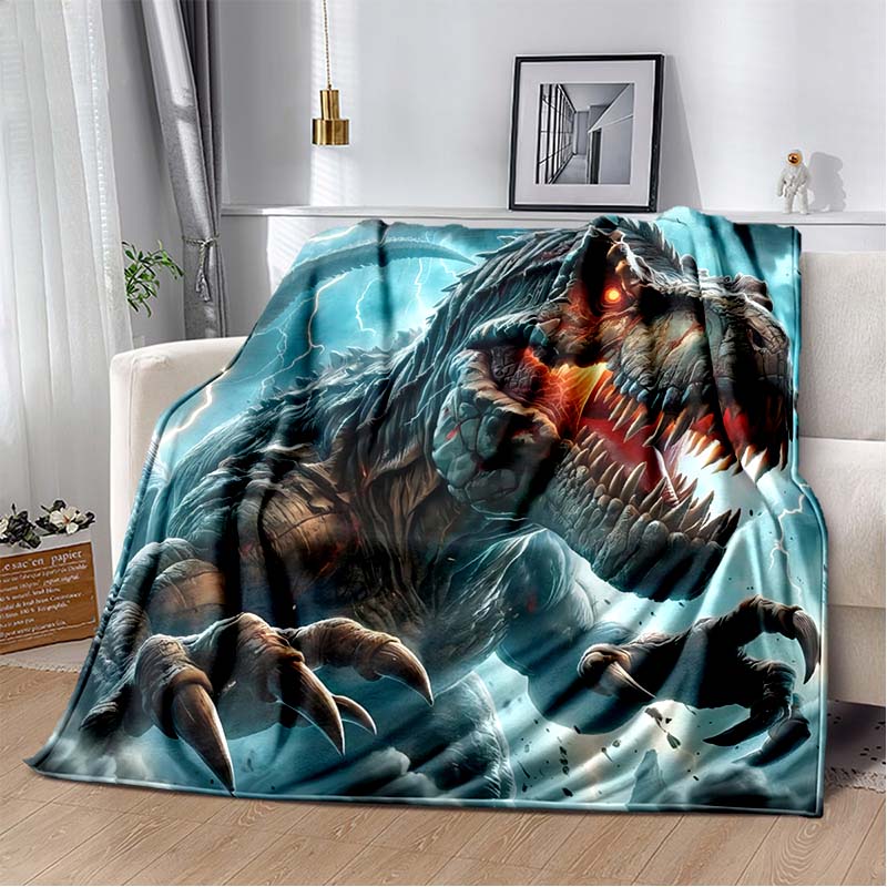 Fire T-Rex Dinosaur Print Flannel Blanket, Kids Prehistoric Throw Blanket