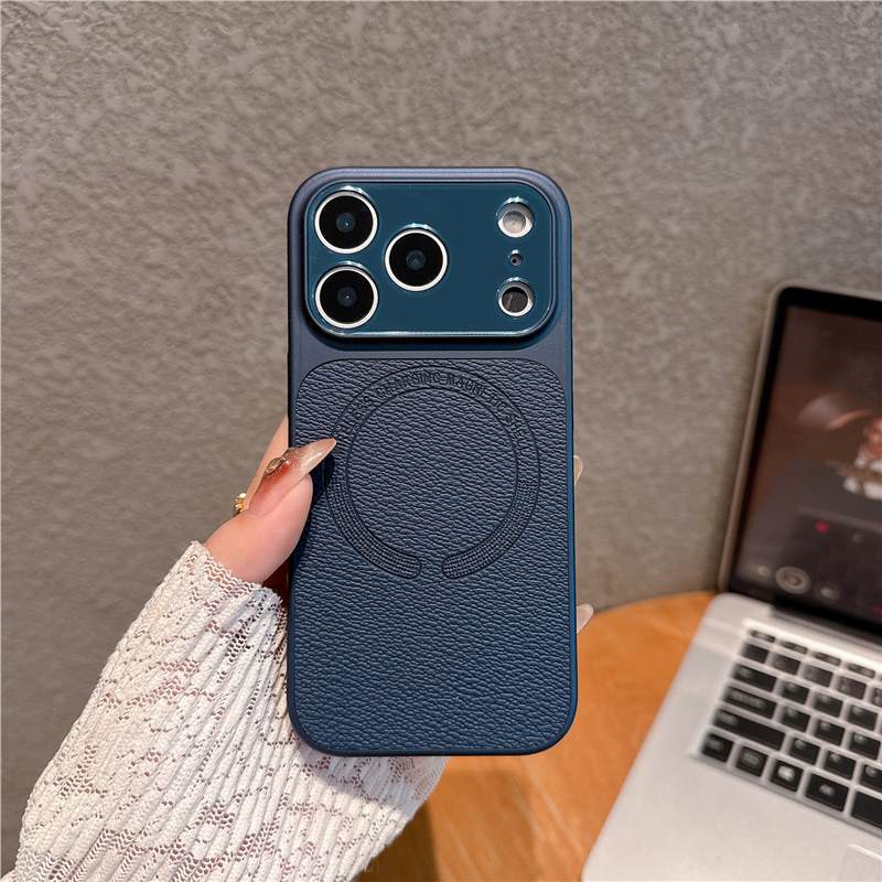 Small V pattern magnetic attraction is suitable for iPhone17Pro mobile phone case crystal lens Apple 16 lychee pattern 15 anti-drop cover 14.