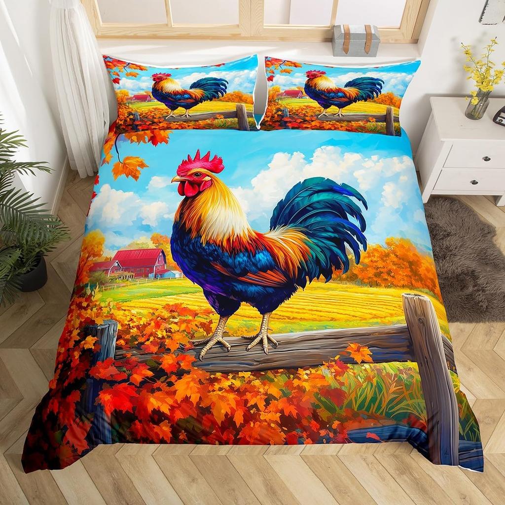 Rooster Duvet Cover Set Twin King Size,Watercolor Chicken Farmhouse Animal Bedding Set For Kids Boys Girls Floral Quilt Cover
