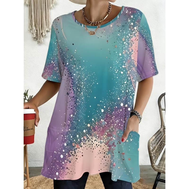 Women S Summer Gradient Starry Sequined Dreamy Literary Pocket Round Neck Short Sleeve T-Shirt Casual Comfortable Top 2XL