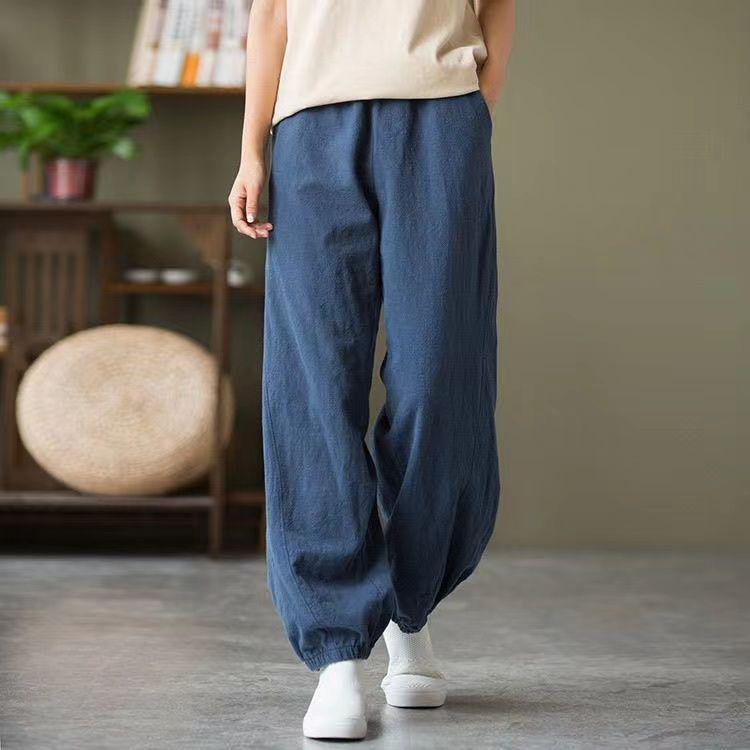 Cotton and Linen Literary Retro Bloomers Women's Spring and Summer Leggings Loose Solid Color All-match Casual Trousers