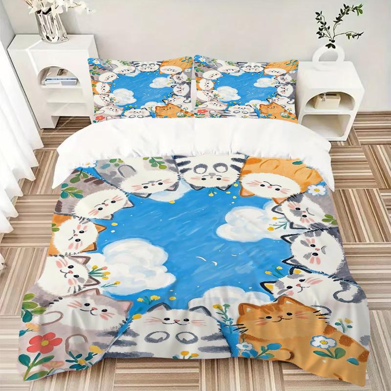 3pcs Sunny Days and Cats Quilt Cover Set - Soft & Comfortable Polyester Fabric, All-Season Breathable Comforter Set For 1 Quilt Cover & 2 Pillowc