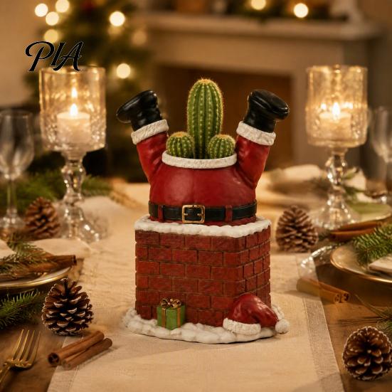 Unique Holiday Table Centerpiece Santa Claus in Smokestack Flower Pot Ornament, Resin Decorative Plant Christmas Container, Small for Tabletop Display