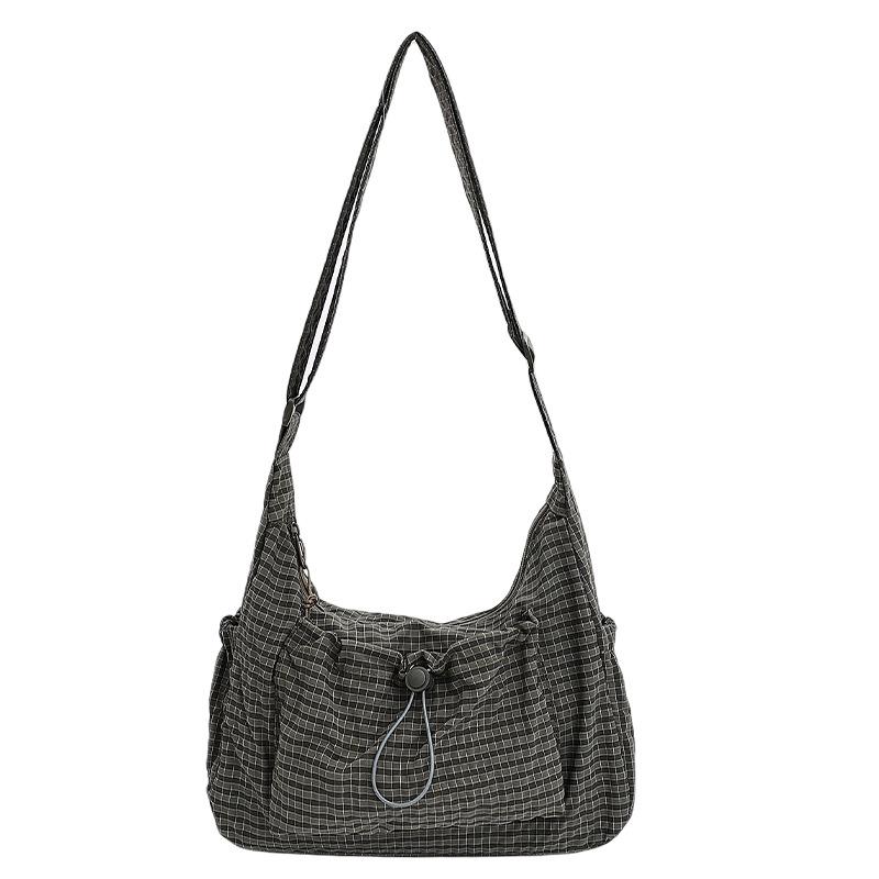 Korean Style Plaid Drawstring Cloud Shoulder Bags for Women Large Capacity Ladies Crossbody Bag Bow Multi-pocket Handbags Tote