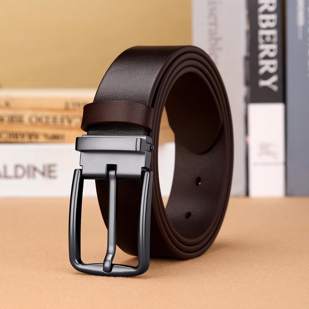 Men's Genuine Leather Minimalist Black Belt with Pin Buckle - Adjustable Fashion Trend