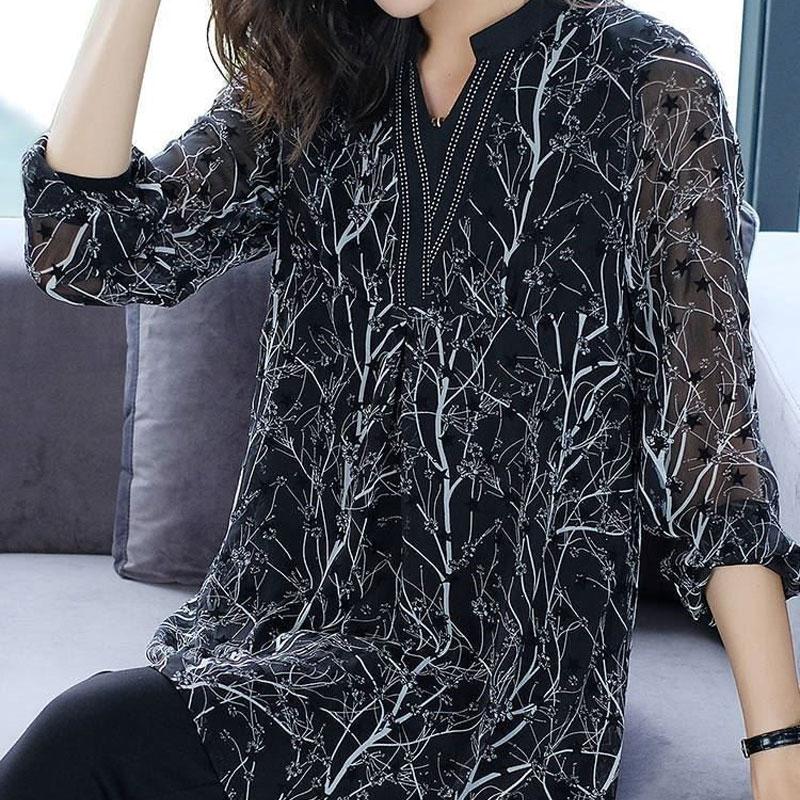 Women's Fashion Spliced Shirt Vintage Floral Printed Star Spring Autumn Casual V-Neck Long Sleeve Commute Loose Blouse