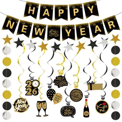 New Year'S Party Party Background Decoration Black Gold Flag Spiral Pendant Set Customization
