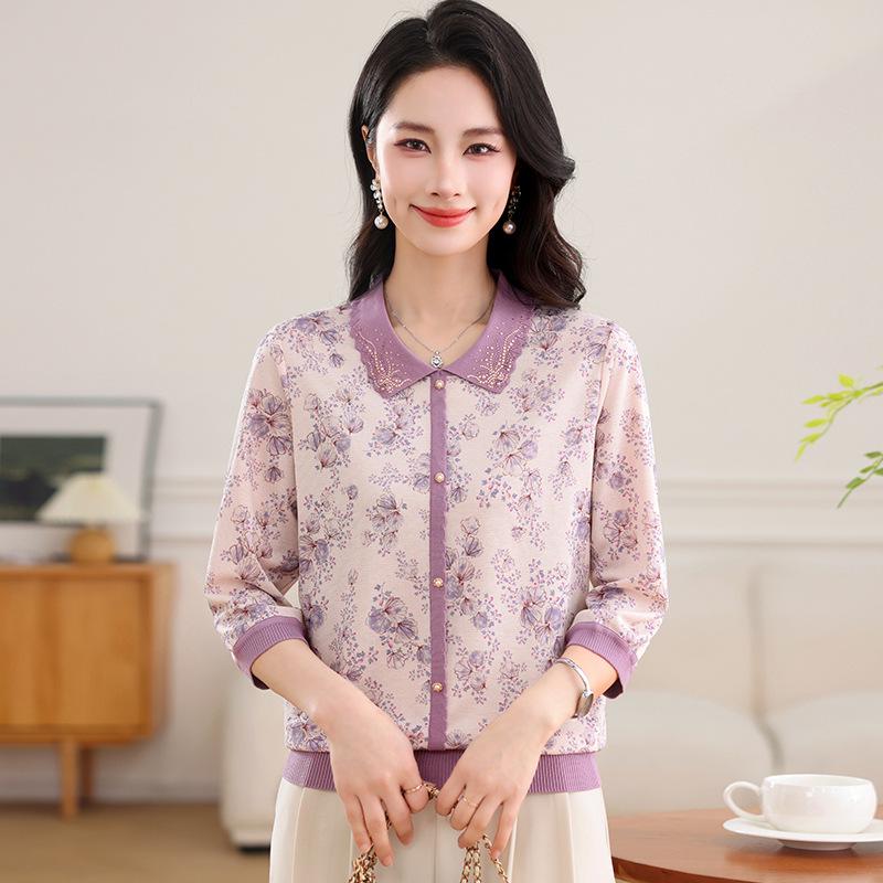 

2026 New Summer Ice Silk Mid-Sleeve Blouse for Middle-Aged & Elderly Women L (80-100 lbs) фіолетовий