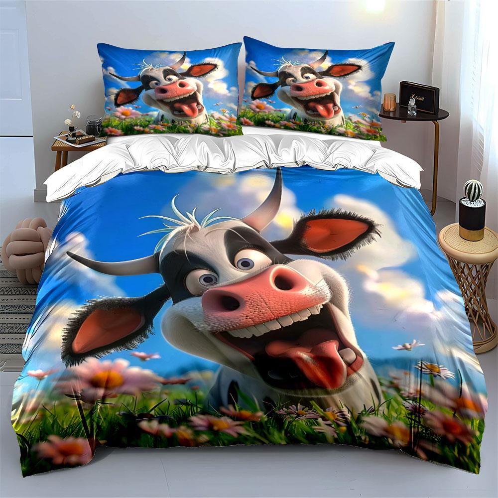 Cartoon Cow in Flower Field Bedding Duvet Cover Set  (1*Duvet Cover 2*Pillowcases, without duvet insert)